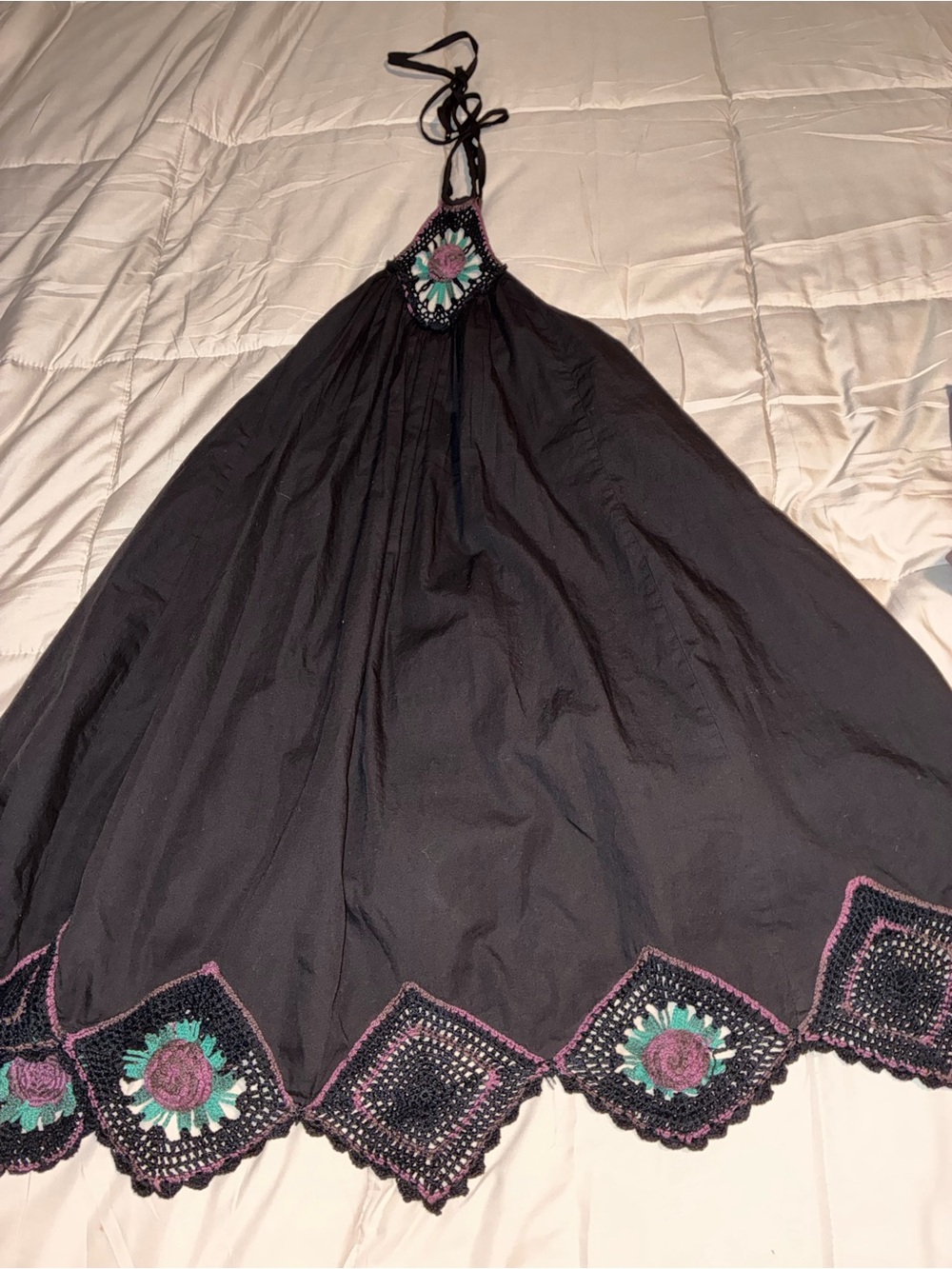 Free people Black Halter Crochet-Trim Maxi Dress with Teal & Pink Accents